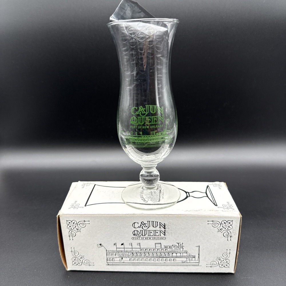 VTG Cajun Queen Restaurant Port of New Orleans Hurricane Glass Cocktail With Box